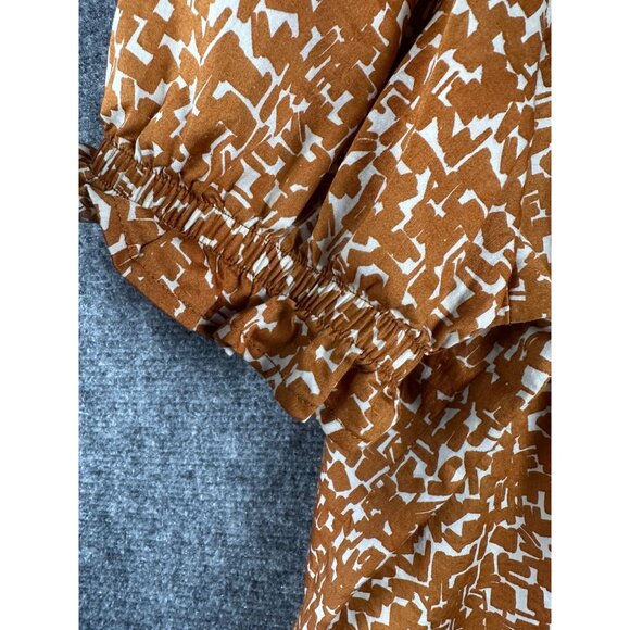 Ava & Viv Plus Size 2X Top Brown White Cotton Abstract Print Puff Sleeve Blouse - Picture 8 of 9